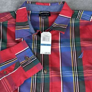 Nautica Shirt  Boy XL 18/20 Plaid Long Sleeve Button Down Blue Tango Red New $39